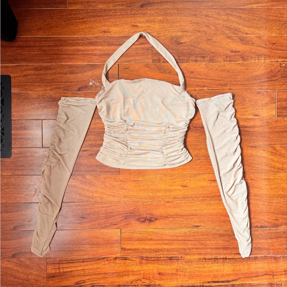 Fashion Nova Beige Ruched Halter Crop Top with Detachable Sleeves